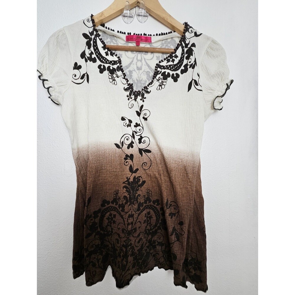Almost Famous Bohemian Blouse Fitted Dip Dye Women's Ombre Embroidery Size M